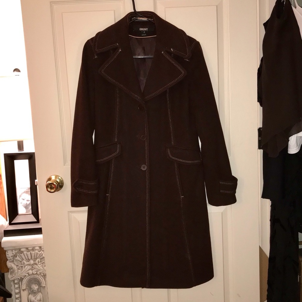 DKNY Brown Wool Blend Pea Coat